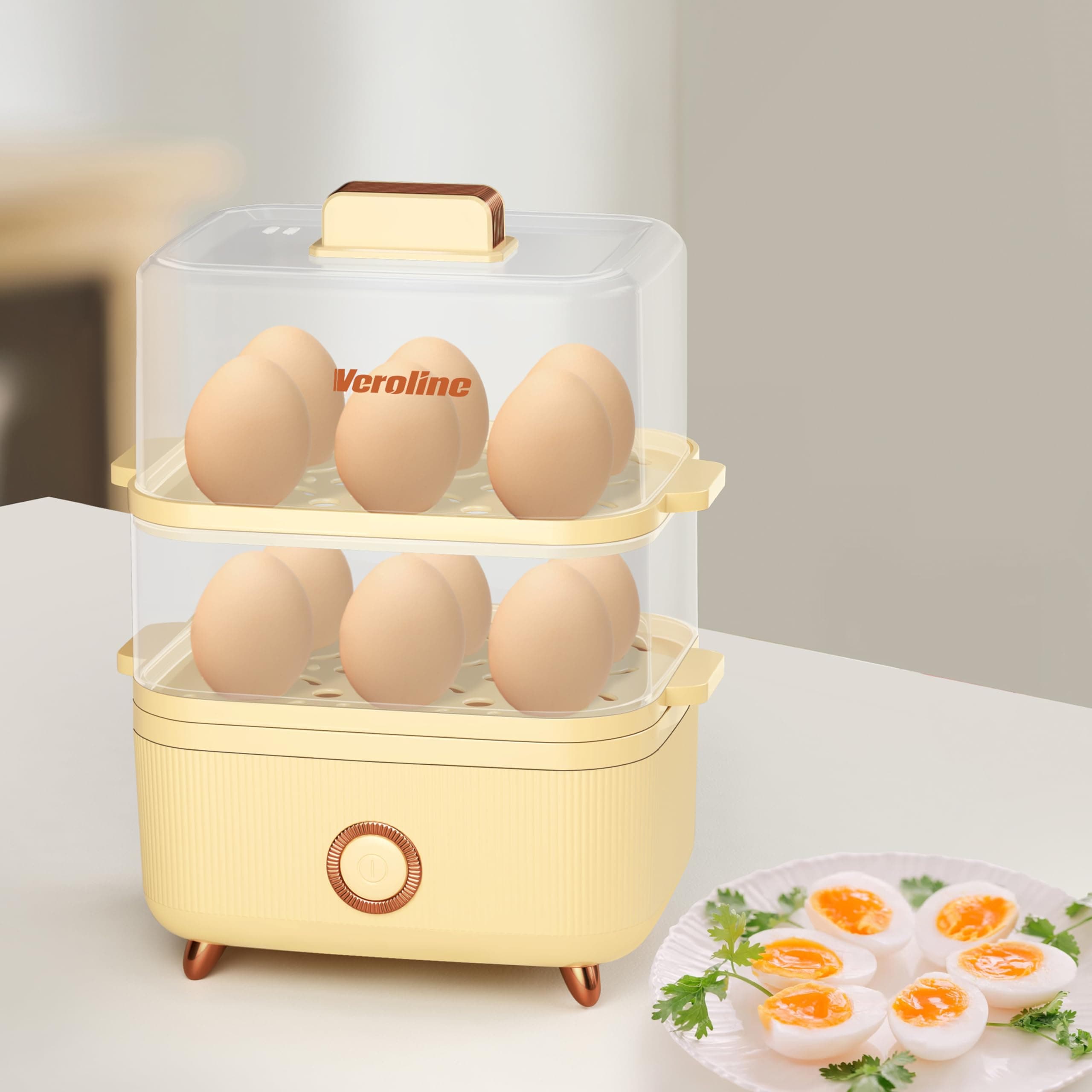 Rapid Egg Cooker, 12 Egg Capacity Electric Egg Cooker for Hard Boiled Eggs, Soft, Medium, Poached Eggs, Food & Vegetable Steamer for Breakfast, Over-Heat Protect, One-Touch Button