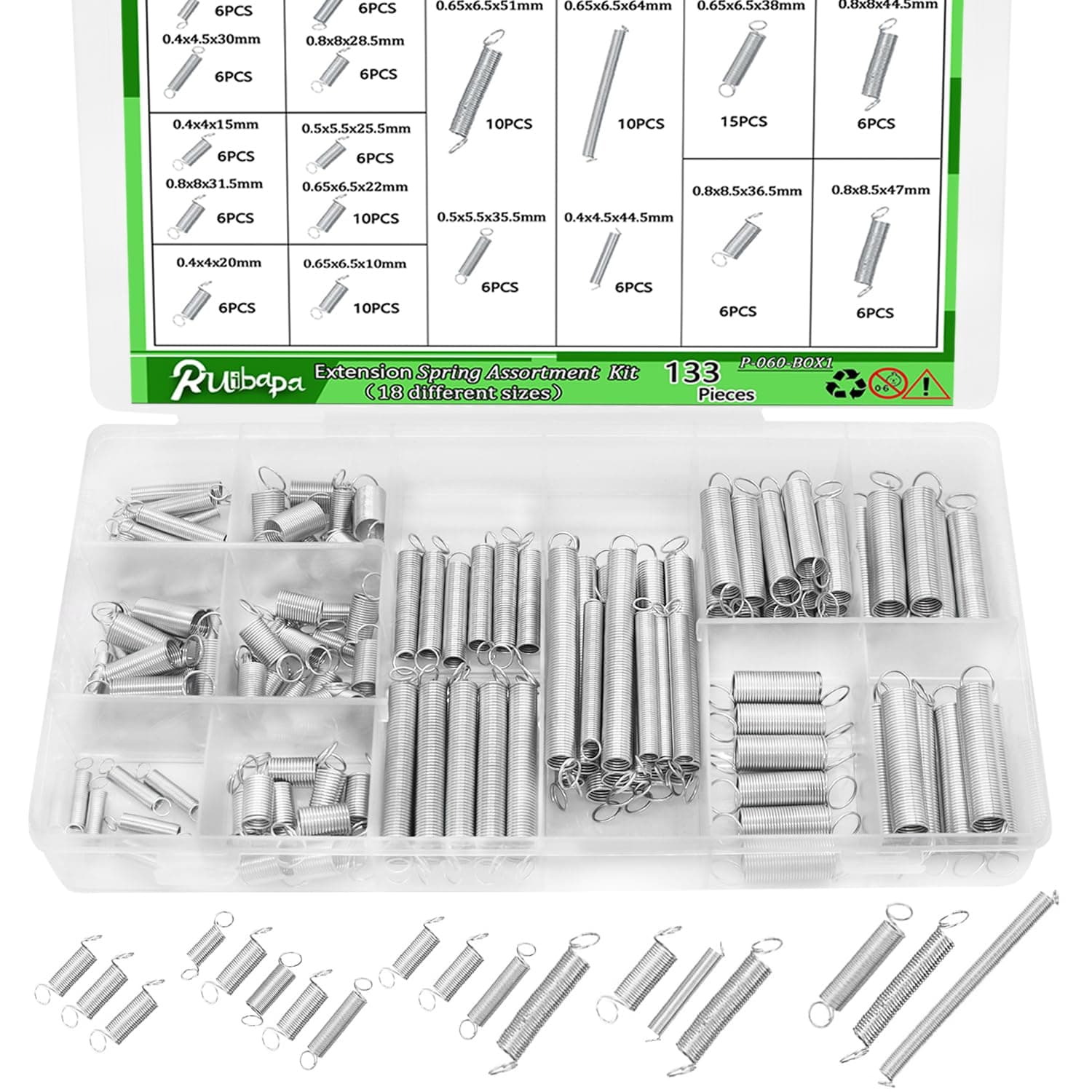 Ruibapa 133PCS Extension Spring Assortment Kit 25 Different Sizes Stainless Steel Extension Spring for Home Repairs & DIY P-060-BOX1