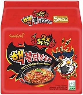 Buldak Spicy Ramen, Hot Chicken Ramen, Korean Stir-Fried Instant Noodle, 2X Spicy, 1 Bag with 5 Pack