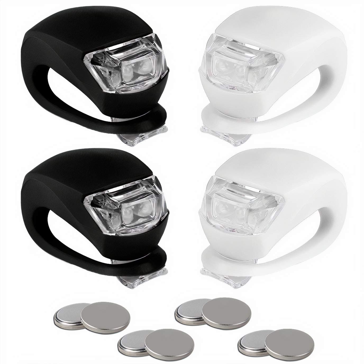 BLINK4 Mini Silicone Strap ON LED Bike Light - 8 Extra Batteries - 4 Lights - 2 Front & Rear Bike Light Set - Black & White