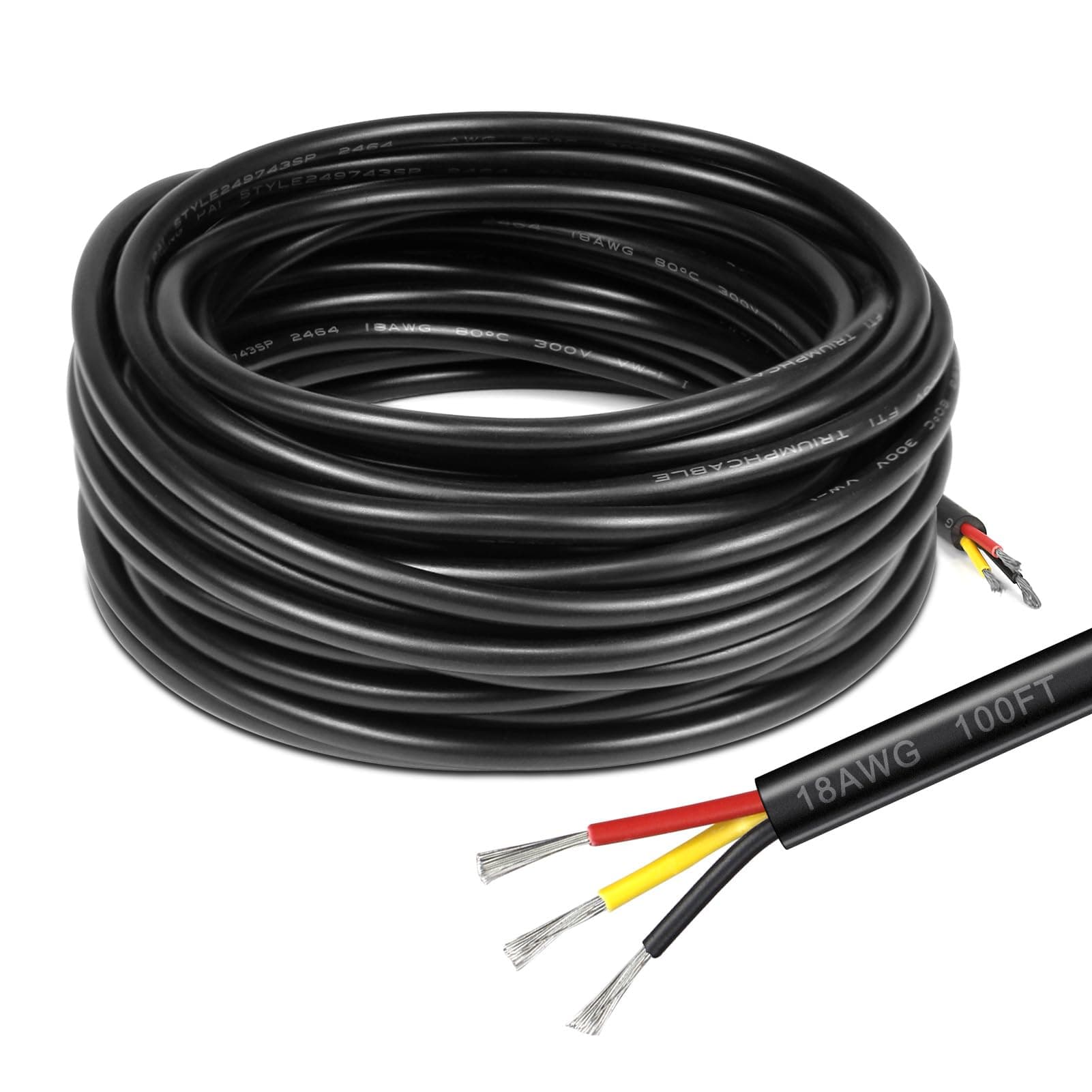 18 Gauge Electrical Wire 3 Conductor, 100FT Black PVC Case Stranded Low Voltage LED Cable, 18 AWG 3pin Tinned Copper Hookup Wire, Flexible Extension Power Cord for LED Lamp Lighting Strips Automotive