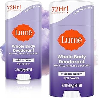 Lume Whole Body Deodorant - Invisible Cream Stick - 72 Hour Odor Control - Aluminum Free, Baking Soda Free, Skin Safe - 2.2 Ounce (Pack of 2) (Soft Powder)