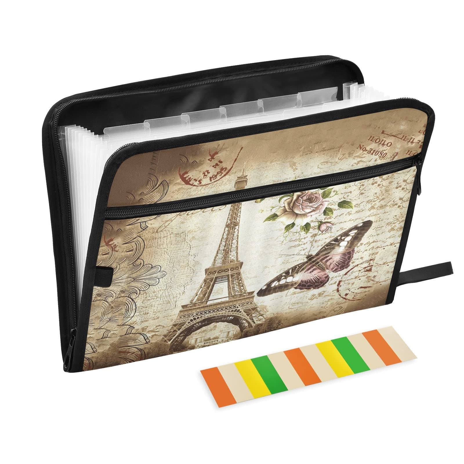 Eiffel Tower Expanding File Folders Organizer A4/Letter Size Butterfly Accordian File Organizer Document Holder Storage with Zipper Closure Portfolio Document Bag Money Briefcase 13 Pocket Folder