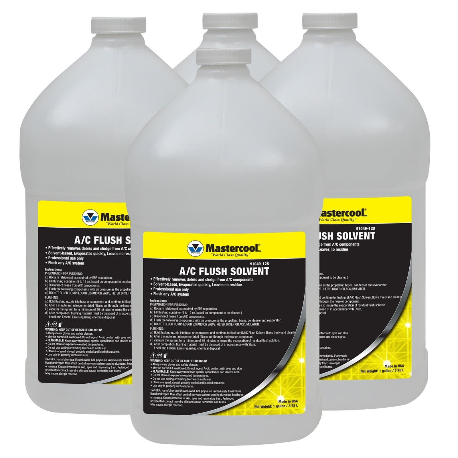 Mastercool 91049-128-4 A/C Flush Solvent, 4-Pack 1 Gallon — Professional Automotive & HVAC/R System Flush — Solvent-Based, Fast-Evaporating, Leaves No Residue, Non-Flammable, Made in USA