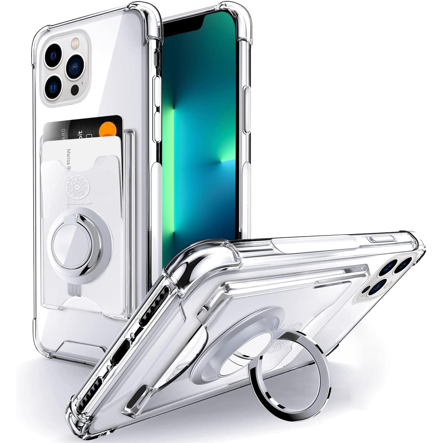 SHIELDS UP Designed for iPhone 13 Pro Case, Wallet Minimalist Case with Ring Kickstand and Card Holder, Transparent Slim Shockproof TPU Bumper Cover for iPhone 13 Pro 6.1 inch- Clear