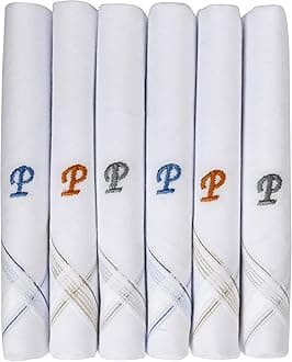 Caruso Italy Men's Initial Monogram Embroidery 100% Pure Cotton Handkerchief White Base With Colored Border - Pack Of 6