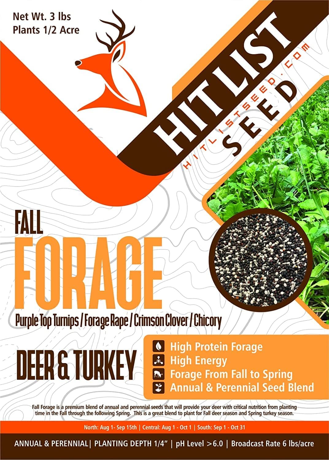 Fall Forage Mix, 3 lbs (1/2 Acre) - Perfect Mix of Purple Top Turnips, Forage Brassica, Crimson Clover, & Chicory - Deer Food, Whitetail, Blacktail, Hunting, Pure, Natural, High Protein