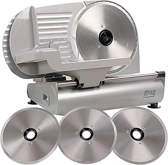 M4Y Meat Slicer | X Large Heavy Duty 22cm Diameter Electric Food Deli Cheese Bread Specialist Cutting Machine | Includes 3 X Interchangeable 22cm Stainless Steel Blades
