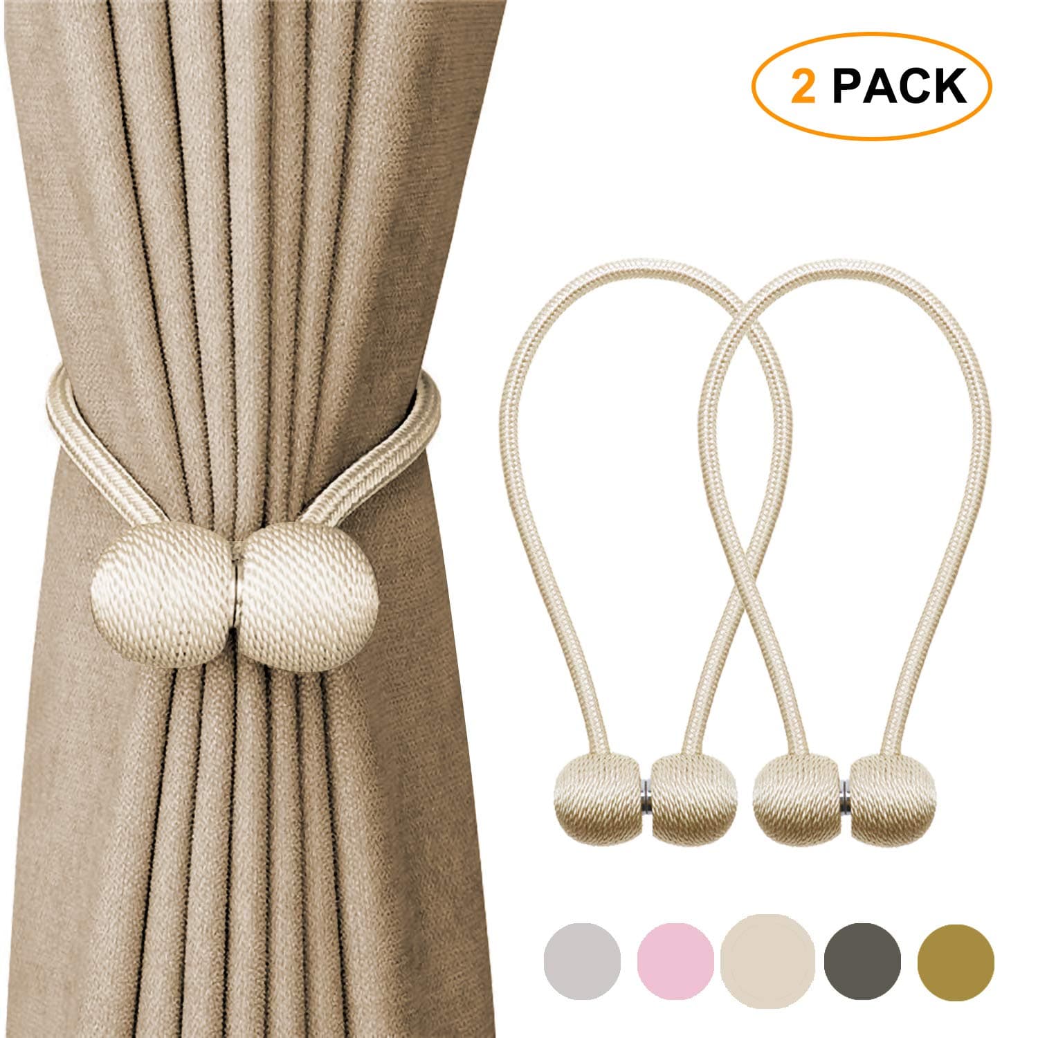 Strong Magnetic Curtain Tiebacks Clips, Decorative Window tie Backs Holders Holdback Rope, for Home Office Decorative Living Room Design Drapery Buckle, 16 Inch Beige Gray Pink Gold 2 Pack