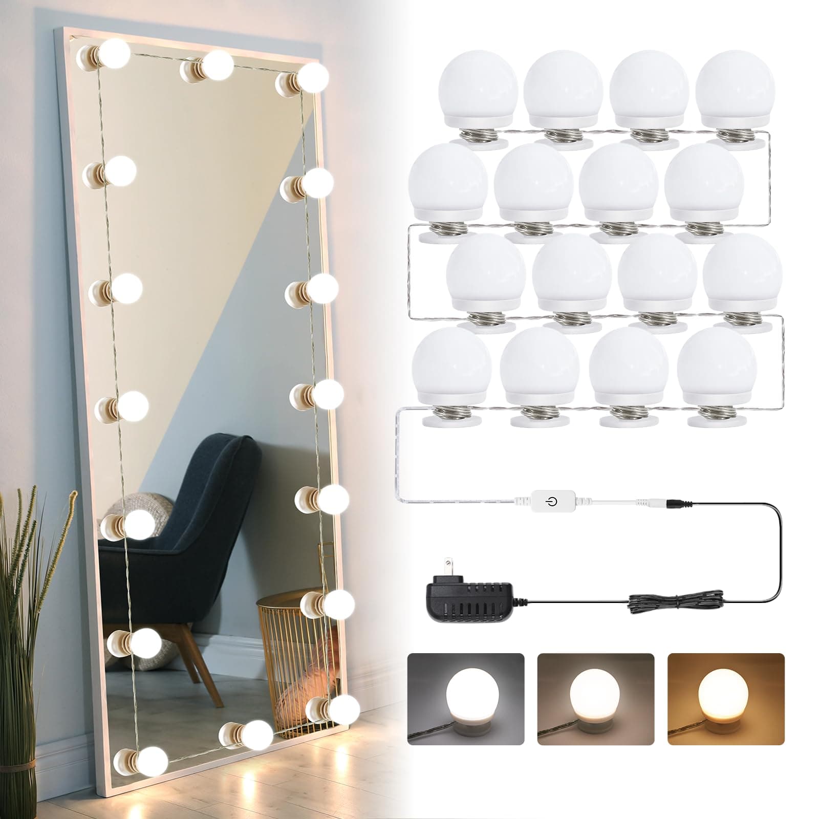 AIBOO Vanity Lights for Mirror, 16 Bulbs Makeup CCT Lighting, Dimmable Brightness & Adjustable Color Temperature, Plug in Stick on for Makeup Dressing Room Bathroom (Mirror Not Included)