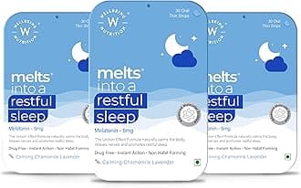 Wellbeing Nutrition Melts Restful Sleep Strips | Plant-Based Melatonin 10mg for Better Sleep & Stress Relief with Chamomile, Tagara, L-Theanine | Helps You Fall Asleep Fast | 90 Oral Thin Strips