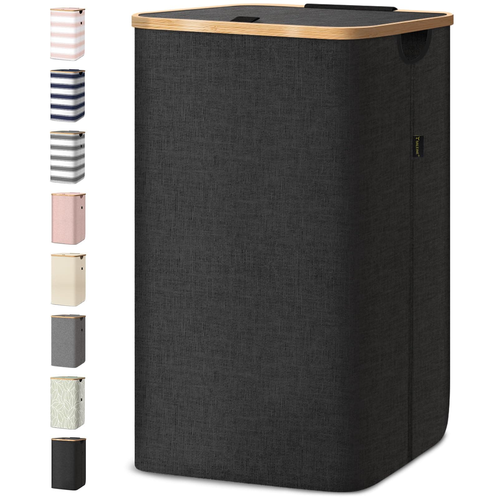 BALEINE Laundry Hamper with Lid, Tall Laundry Baskets with Bamboo Pull Handles, Large Laundry Bin with Internal Support (26 Gal/100L, Black)