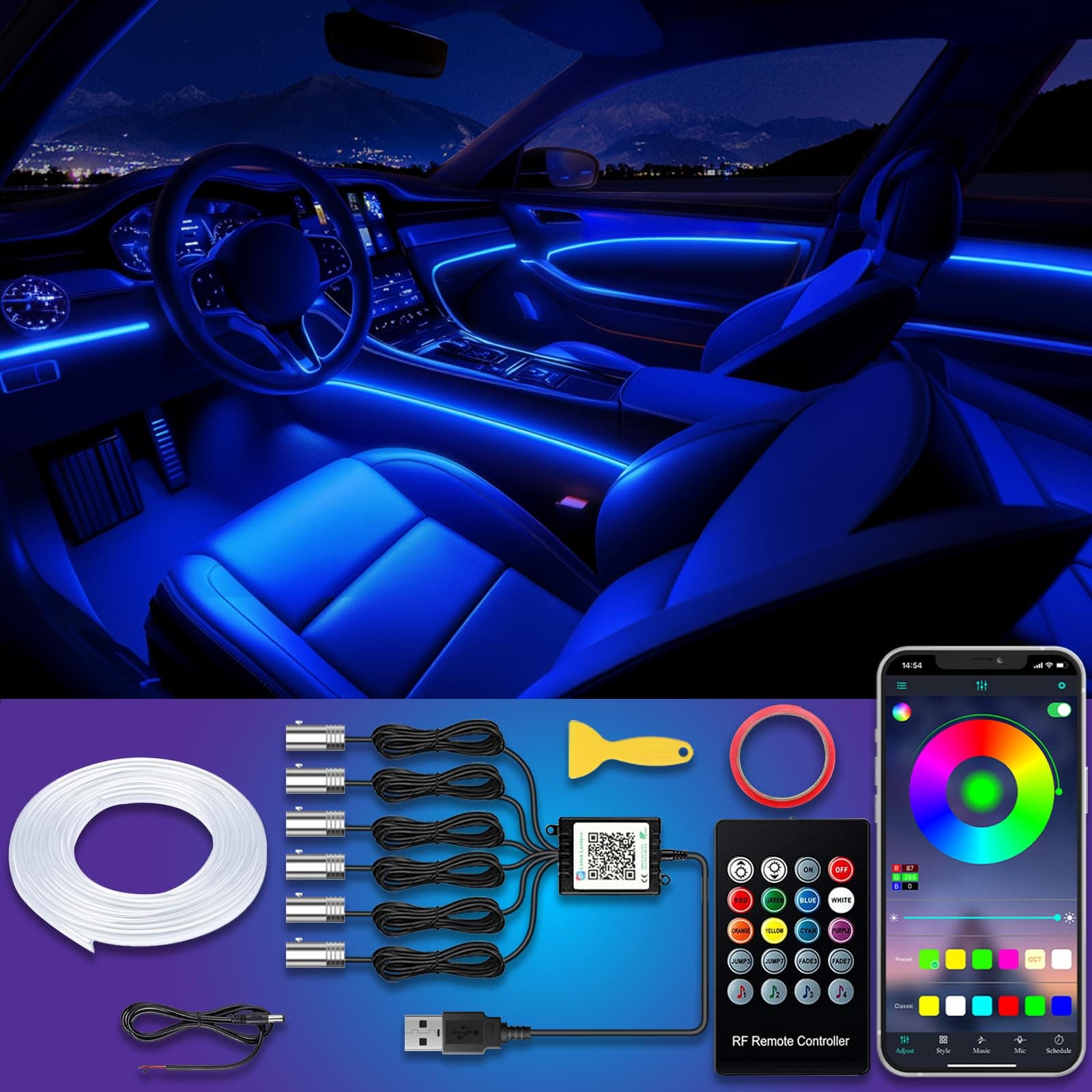 Jushope USB Interior Car LED Strip Lights with Wireless APP and Remote Control, RGB 6 in 1 Ambient Lighting Kits with 315 inches Fiber Optic, 16 Million Colors Car Neon Lights, Sync to Music