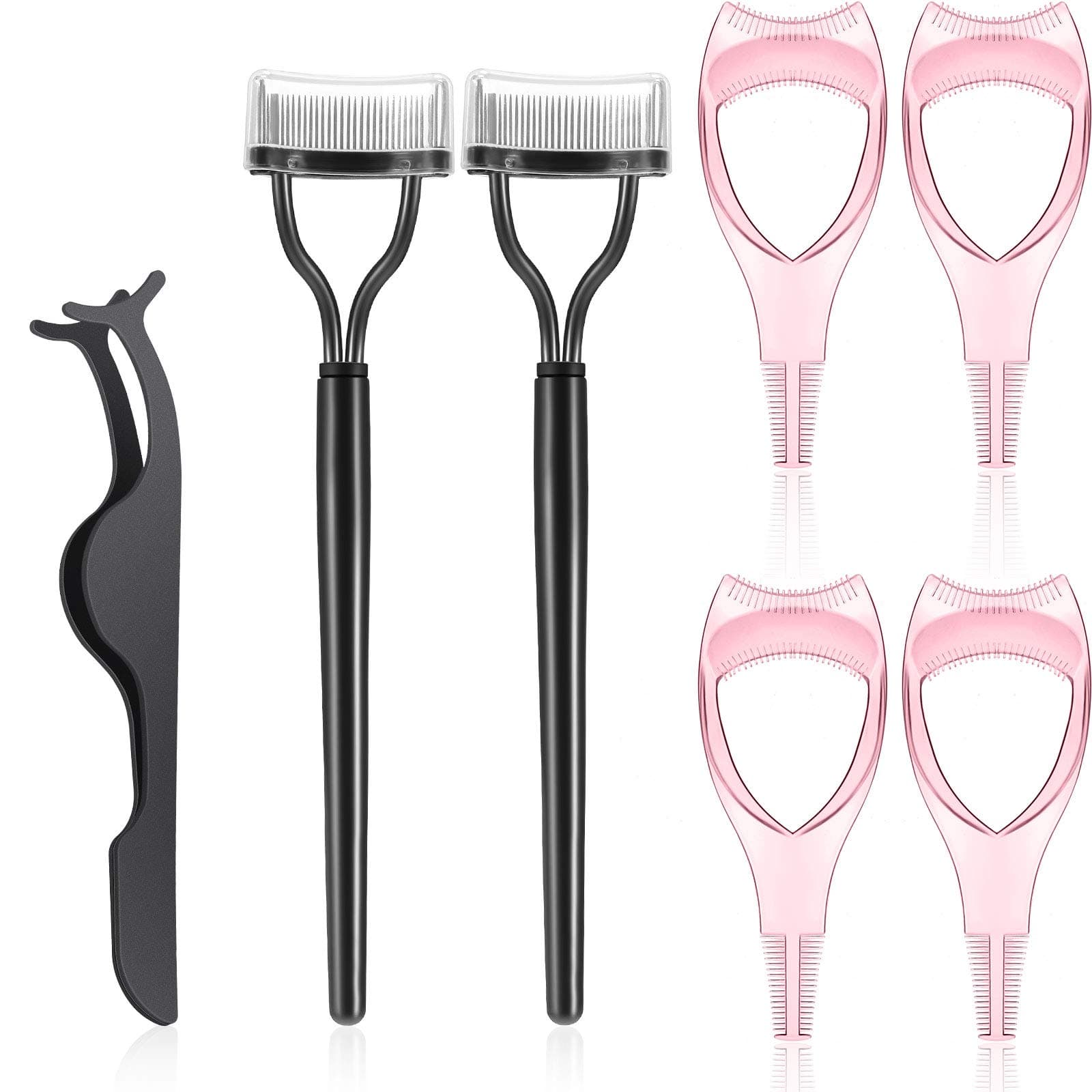 Patelai 7 Pcs Eyelash Makeup Tool 3 in 1Mascara Shield Guard Mascara Shield Applicator Guard Lash Separator Eyelash Comb Extension Tweezers for Women Makeup(Black, Pink)