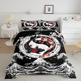 Feelyou Japanese Koi Fish Comforter Set Twin Size Kids Japanese Wave Comforter for Boys Girls Teens Cherry Blossoms Home Decor Bedding Set Japanese-Style Duvet Set
