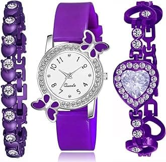 Premium White Dial Diamond Pink Analog Watch Love Heart Diamond Bracelet for Girls Best Design Butterfly Combo 3 Pack of 3