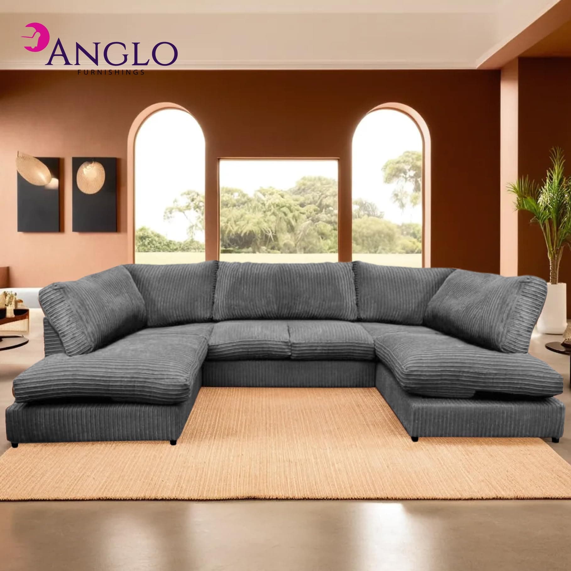 U Shaped Cord Sofa - Back Cushion Sofa with Memory Foam Seating & Removable Covers - Versatile for Living Room, Bedroom, Office (Grey, Full Back)