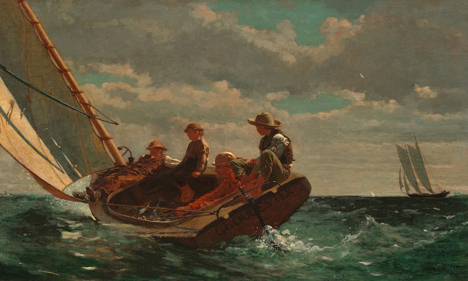 Canvas Breezing Up A Fair Wind Man Three Boys and their Catch in a Catboat Sailing 1876 Painting By Winslow Homer 18" x 30" image size art repro on canvas rolled up