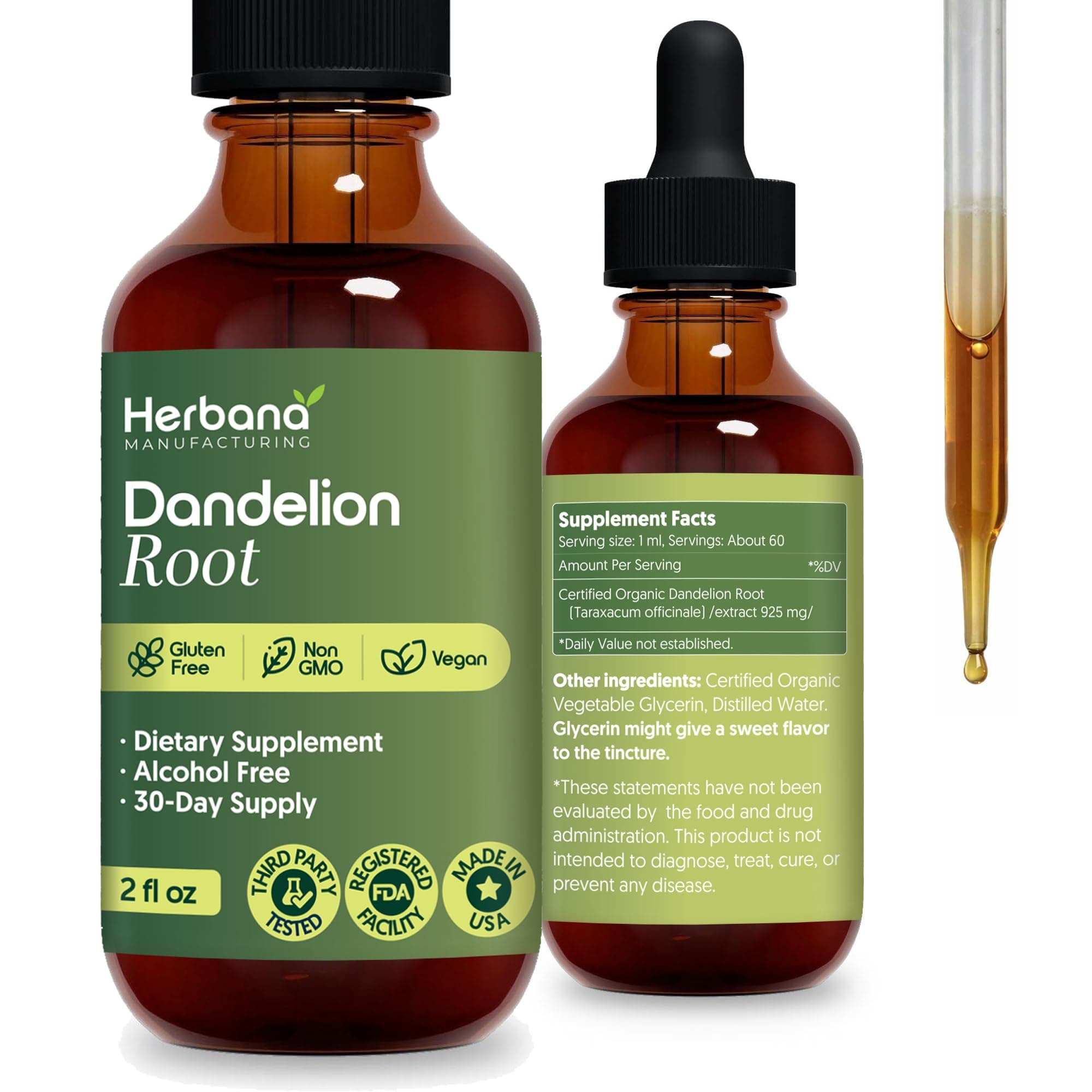 HERBANA MANUFACTURING Dandelion Root Liquid Extract 4 fl oz - Organic Taraxacum officinale Herbal Supplement - Alcohol-Free Drops for Daily Wellness Support - Family Size - 60-Day Supply