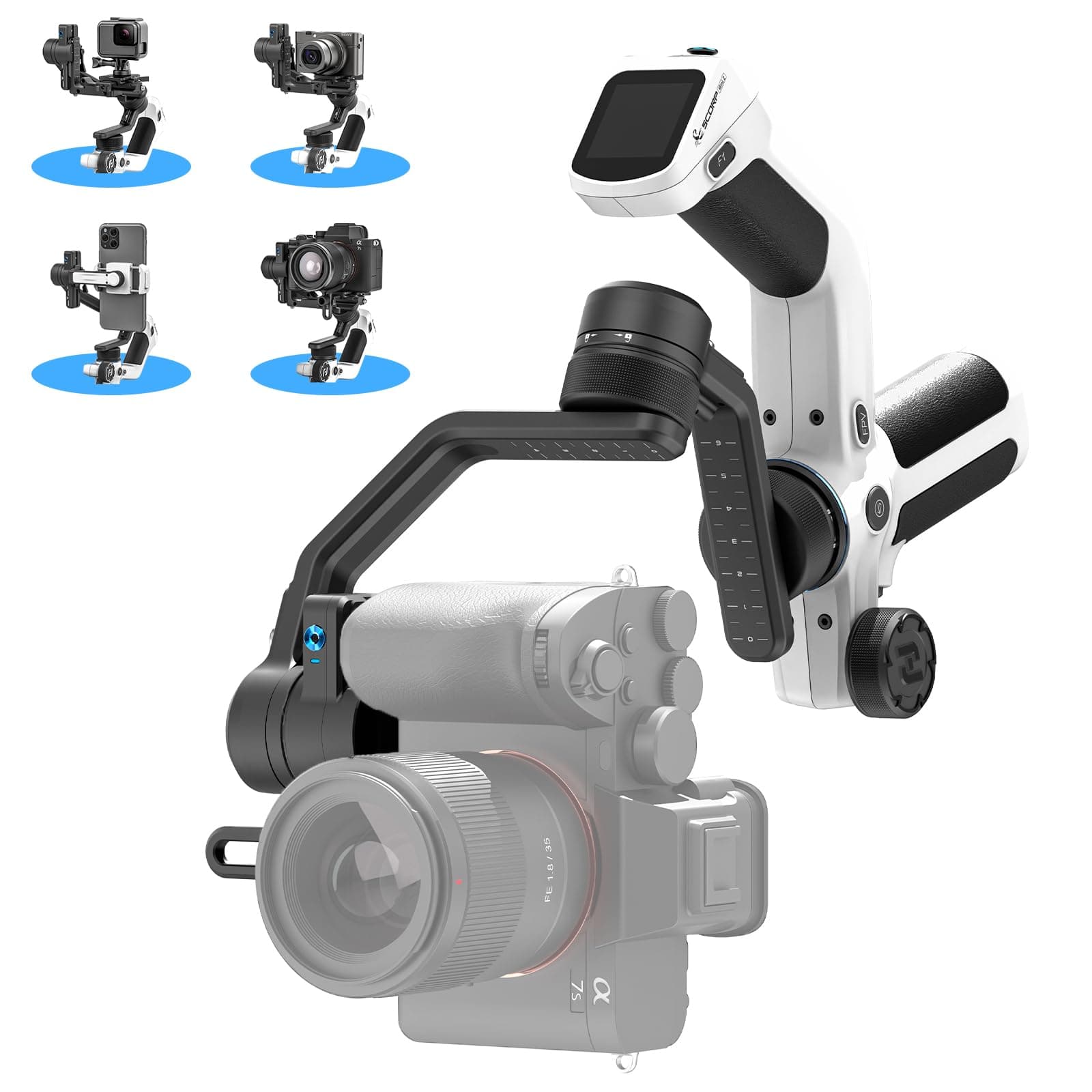 Feiyu SCORP Mini-2 All-in-1 Gimbal Stabilizer for Mirrorless/Action Cameras and Smartphones. 1.3" OLED Touchscreen, Integrated AI Tracking. Compatible with GoPro 12/11, Canon, Sony, iPhone, Samsung