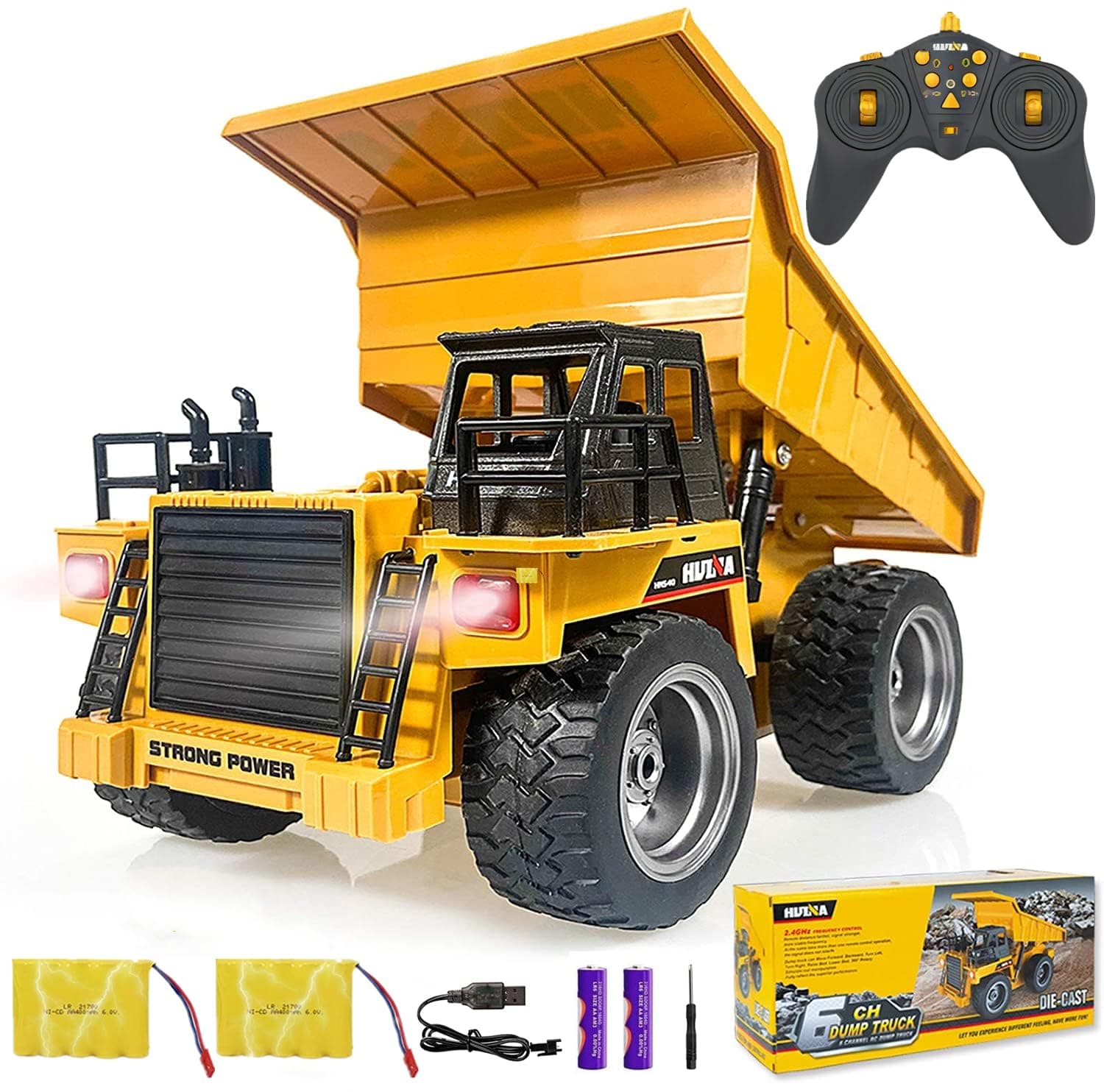 Remote Control Construction Dump Truck Toy 2.4G RC 6 Channel Bulldozer 4 Wheel Driver Mine Construction Alloy Metal Vehicle Truck 1:18 with 2 Rechargeable Batteries for Boys Birthday Gift Age 6+