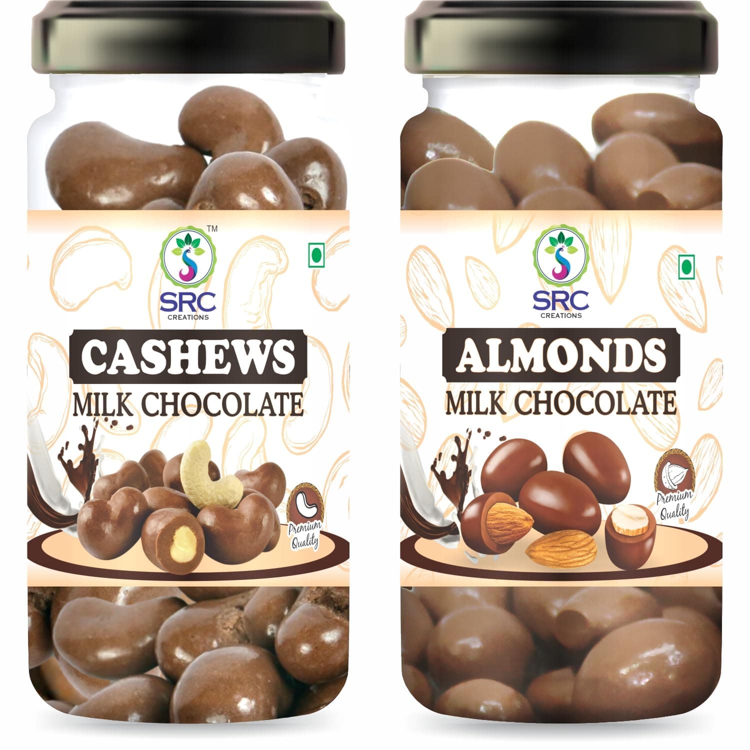SRC CREATIONS Milk Chocolate covered Cashew Nuts 100 gm + Almonds Kernels 100 gm | Rich milk chocolates