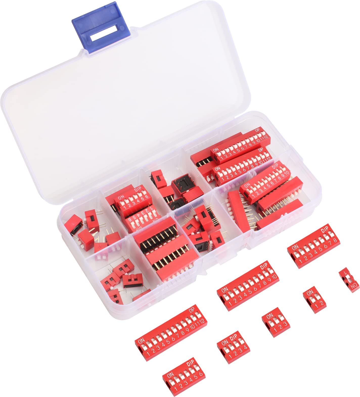 40Pcs Double Row Dip Switch Assorted Kit 1 2 3 4 6 8 10 12 Pin 2.54mm Slide Type Red Toggle Switch PCB On-Off Switch for Circuit Breadboards and Arduino