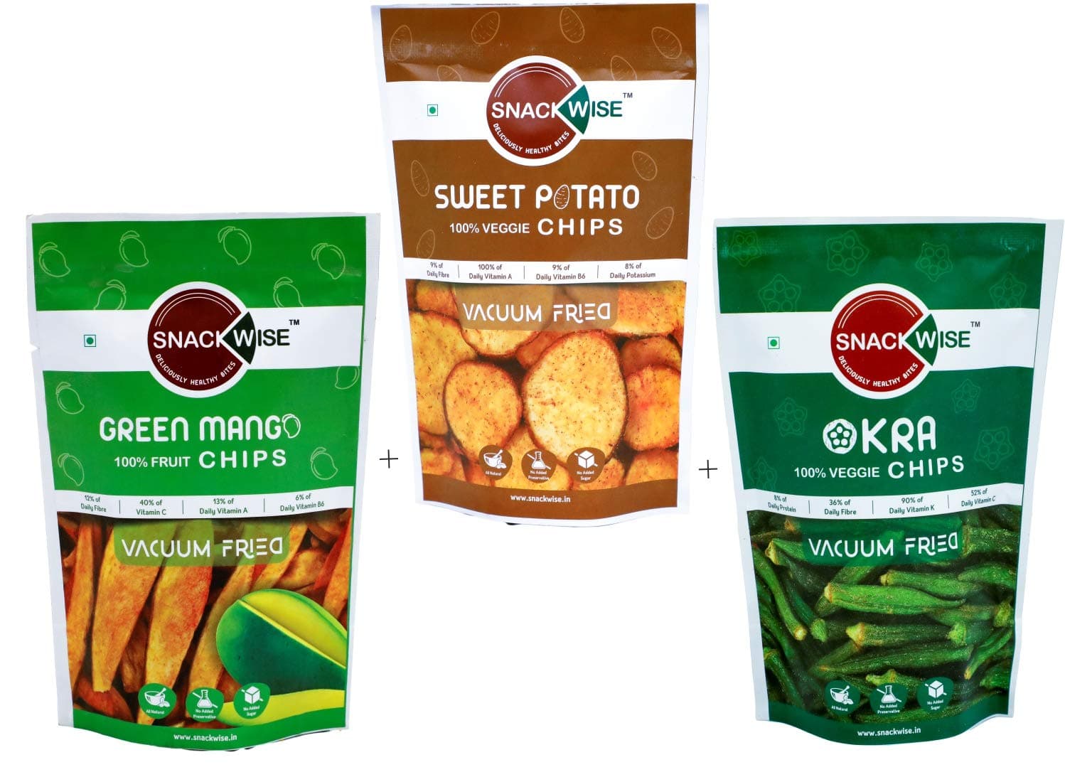 SnackWise Healthy Exotic Snacks Combo| Variety Pack| Hamper|Vacuum Fried Chips, Fruit and Vegetable Chips, 2 Okra, 2 Green Mango, 2 Sweet Potato (6 Packs)
