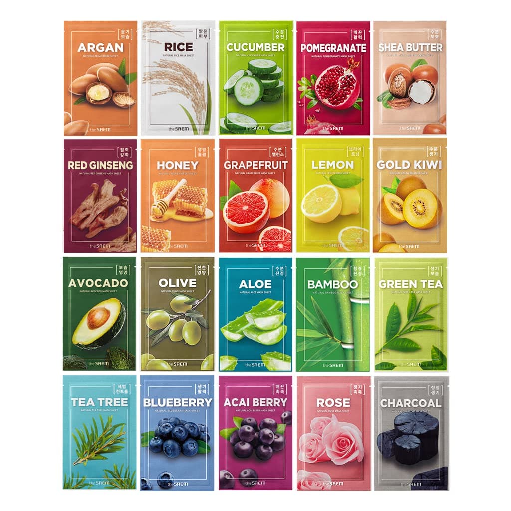 THESAEM Natural Sheet Mask Pack Set 20 Sheets - Korean Face Mask Variety Pack - Moisturizing, Revitalizing, Soothing, Elasticity - Vegan Sheet Essence Masks for All Skin Types