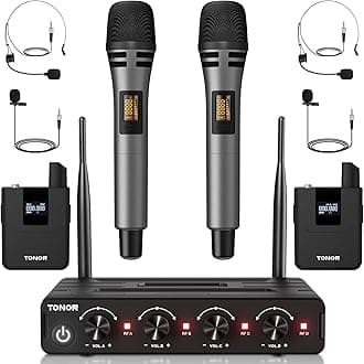 Wireless Microphone System, 4 * 10-Channel UHF Cordless Handheld Mic Set with Headset/Lavalier Lapel Mics, Bodypack Transmitter, Receiver, 60 m/200ft Range for Karaoke Singing Church PA Speaker