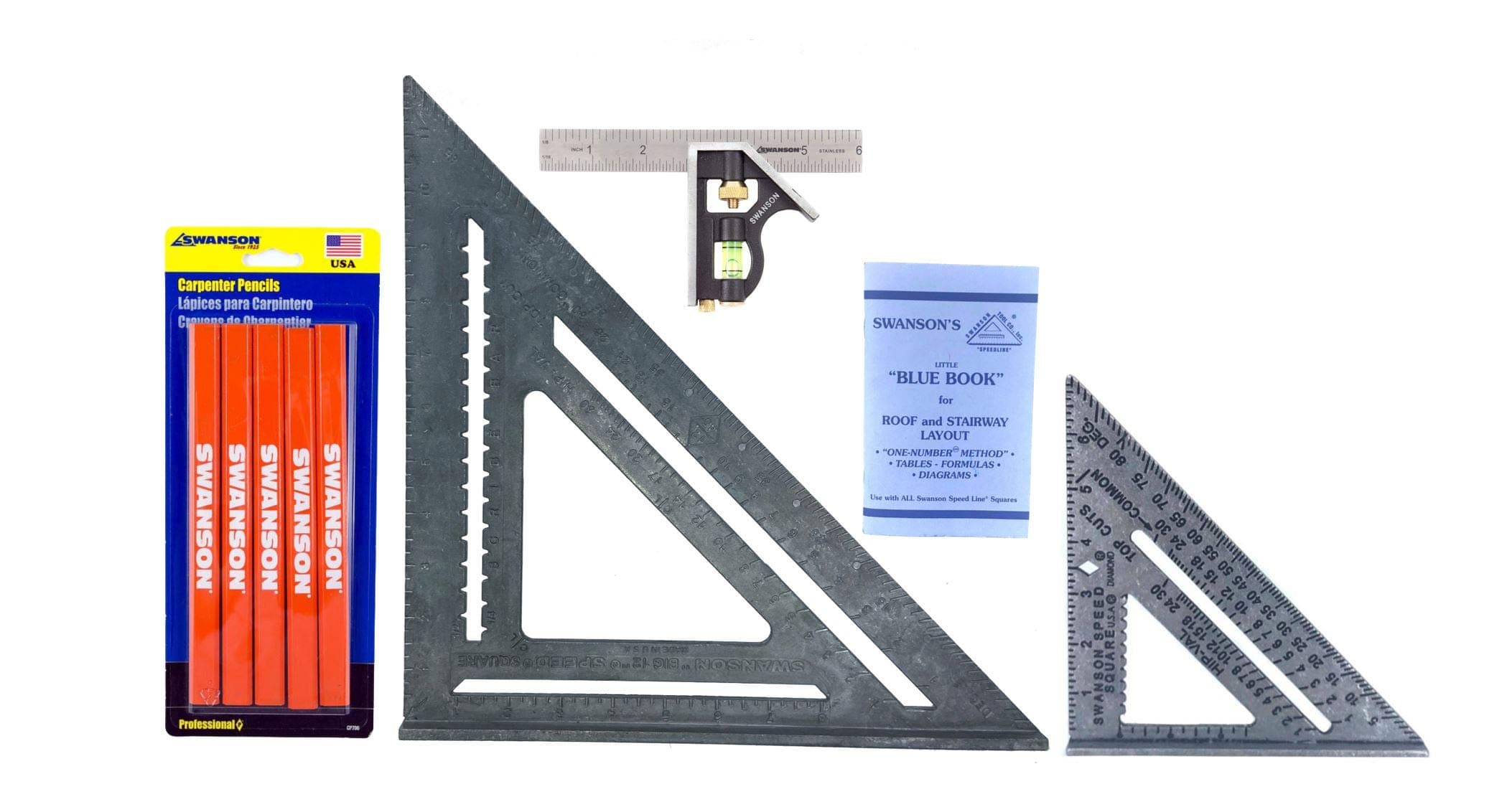 Swanson Tool Co 5-Piece Value Pack Featruing the S0101 Speed Square with Blue Book, the T0108 12 inch Speed Square w plain markings, the TC130 6 inch Combo Square and the CP700 Carpenter Pencils