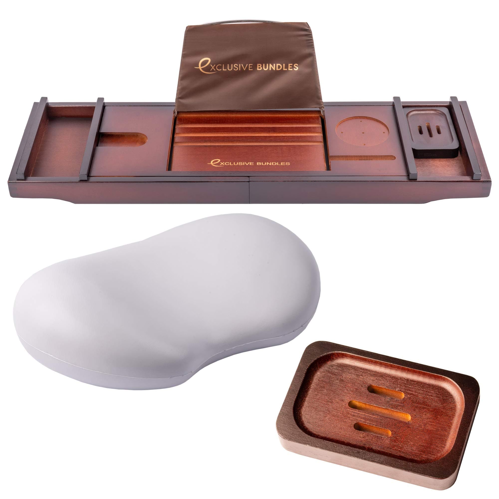 EXCLUSIVE BUNDLES Bath Tray Bundle with Bath Pillow and Soap Holder - Bamboo Bath Caddy - Adjustable Bathtub Tray - Suitable as a Bath Shelf, Bath Rack or Bath Table