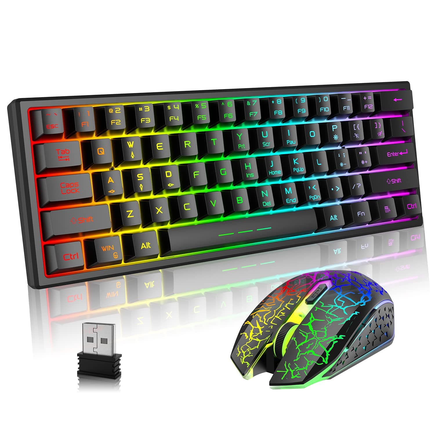 A.JAZZWireless Gaming Keyboard and Mouse Combo with 61 Key TKL Rainbow LED Backlight Rechargeable 4000mAh Battery Mechanical Feel Anti-ghosting Ergonomic Waterproof RGB Mute Mice for Win/Mac (Black)