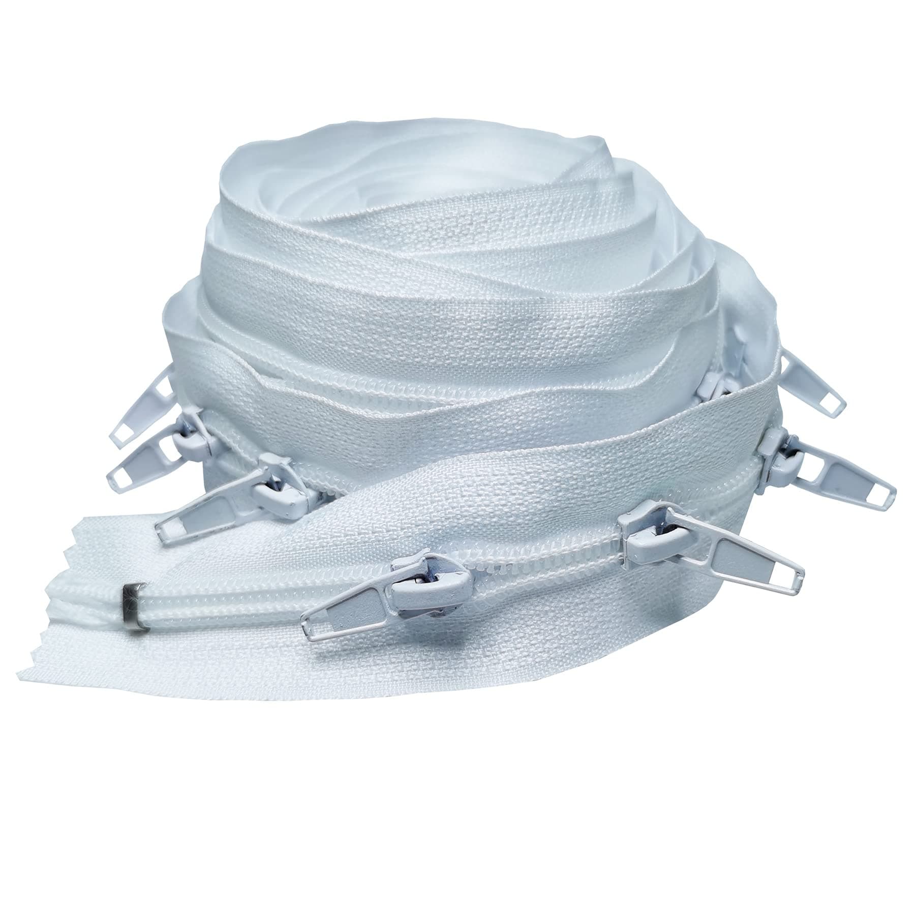 5 Yards Long Bulk Zipper Roll for Sewing by The Yard - Continuous Nylon Coil Zipper Tape with 15 Installed Sliders and Pulls in White