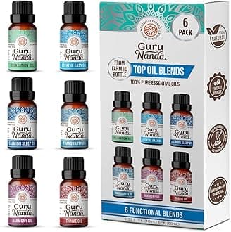 GuruNanda Top 6 Blends Essential Oils Set - 100% Pure and Natural Grade Oil for Aroma Diffuser - Includes Tranquility - Breathe Easy - Thrive- Relaxation - Harmony - Calming Sleep