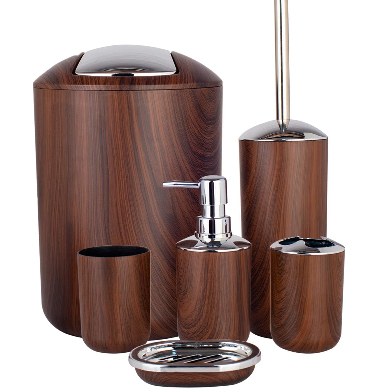 Bathroom Accessories Set 6 Piece Plastic Bath Ensemble Soap Dispenser Toothbrush Holder, Tumbler Soap Dish Soap Saver Trash Can Toilet Brush Holder Decorative Countertop Bathroom Accessoy Set (Brown)