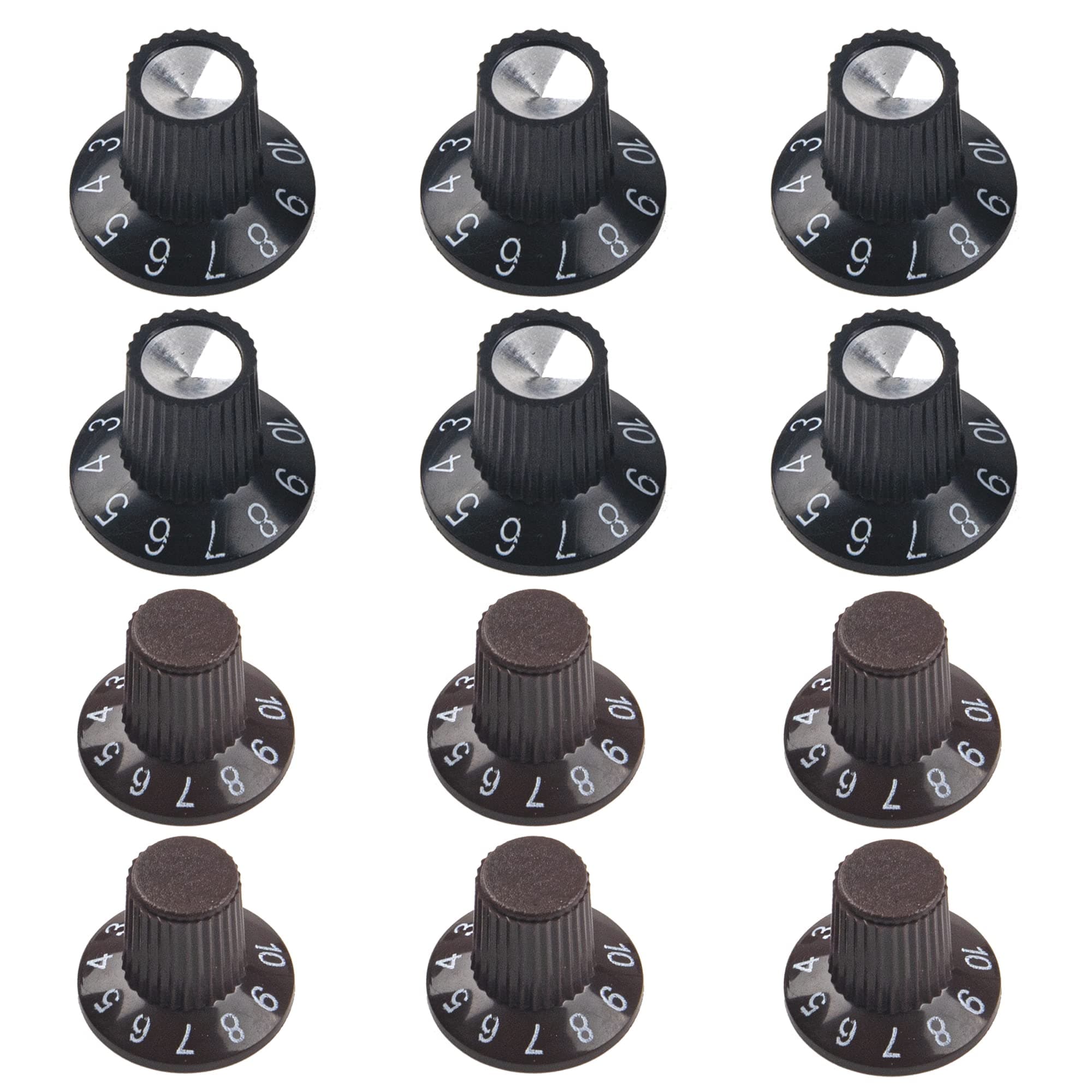 Yootones 12Pcs Guitar Amp Knobs Skirted Style 6Pcs Black & 6Pcs Brown Compatible with Electric Guitar Bass Amplifier Effects Pedal Audio Part