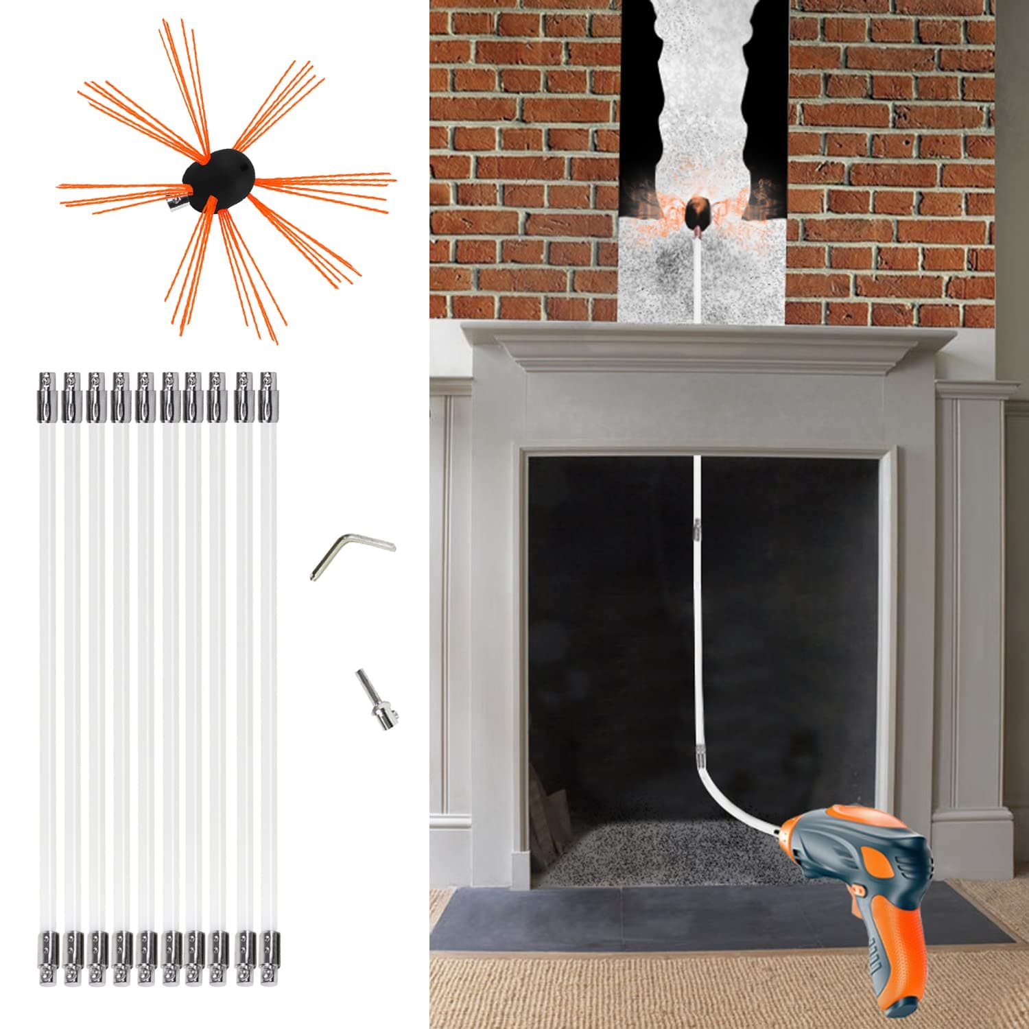 Chimney Brush-Original CyclonePlus 33ft Length Electrical Drill Drive Sweeping Cleaning Tool Kits with Nylon Flexible Rods (10 rods)