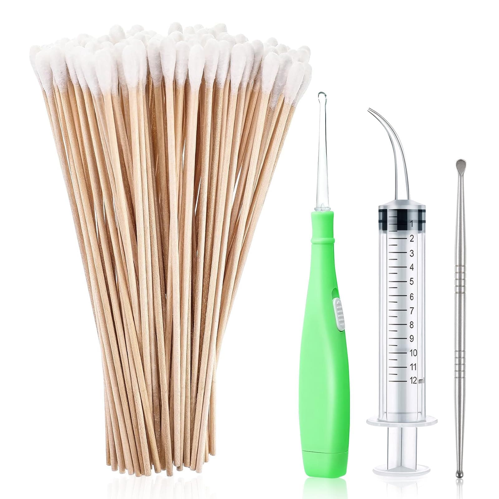 Tonsil Stone Removal Set, 1 Stainless Steel Tonsil Stone Remover Tool, 1 Tonsil Stone Remover with LED Light, 100 Long Swabs and 1 Curved Irrigator Syringe to Halitosis Treatment Tonsilitis (Green)
