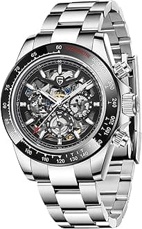 PAGANI DESIGN 1777 Men's Multifunction Automatic Mechanical Watch Skeleton Rainbow Bezel Stainless Steel Strap Waterproof Luminous Luxury Analog Watch