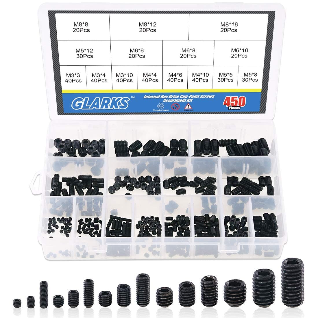 450Pcs M3/M4/M5/M6/M8 Allen Head Socket Set Screw, 12.9 Class Black Alloy Steel Internal Hex Drive Grub Screw Assortment Kit