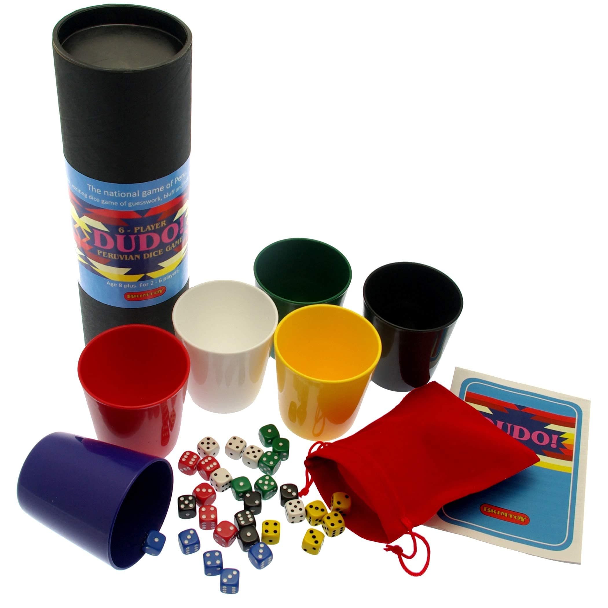 Brimtoy Dudo - Peruvian Dice Game, The Original Liar's Dice Game from Peru - 6 Player, Family Dice Game of Luck and Bluff -6 different coloured dice cups, 5 dice of each colour and instructions