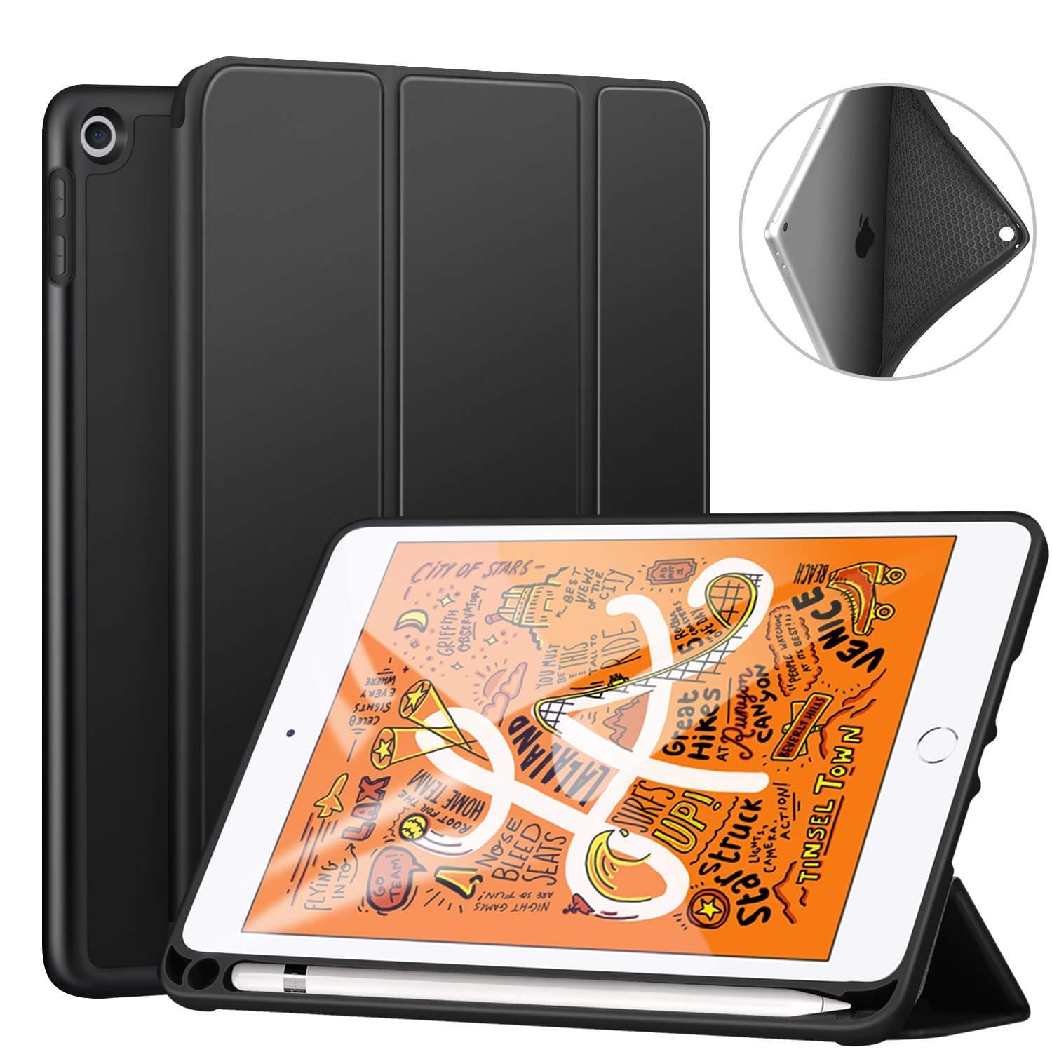 Oaky Case for iPad mini 5th Gen 2019 with Pencil Holder and Trifold Stand Cover with Auto Sleep/Wake for iPad mini 5 7.9" 2019 Case Cover [Model - A2133 A2124 A2125 A2126] - Black