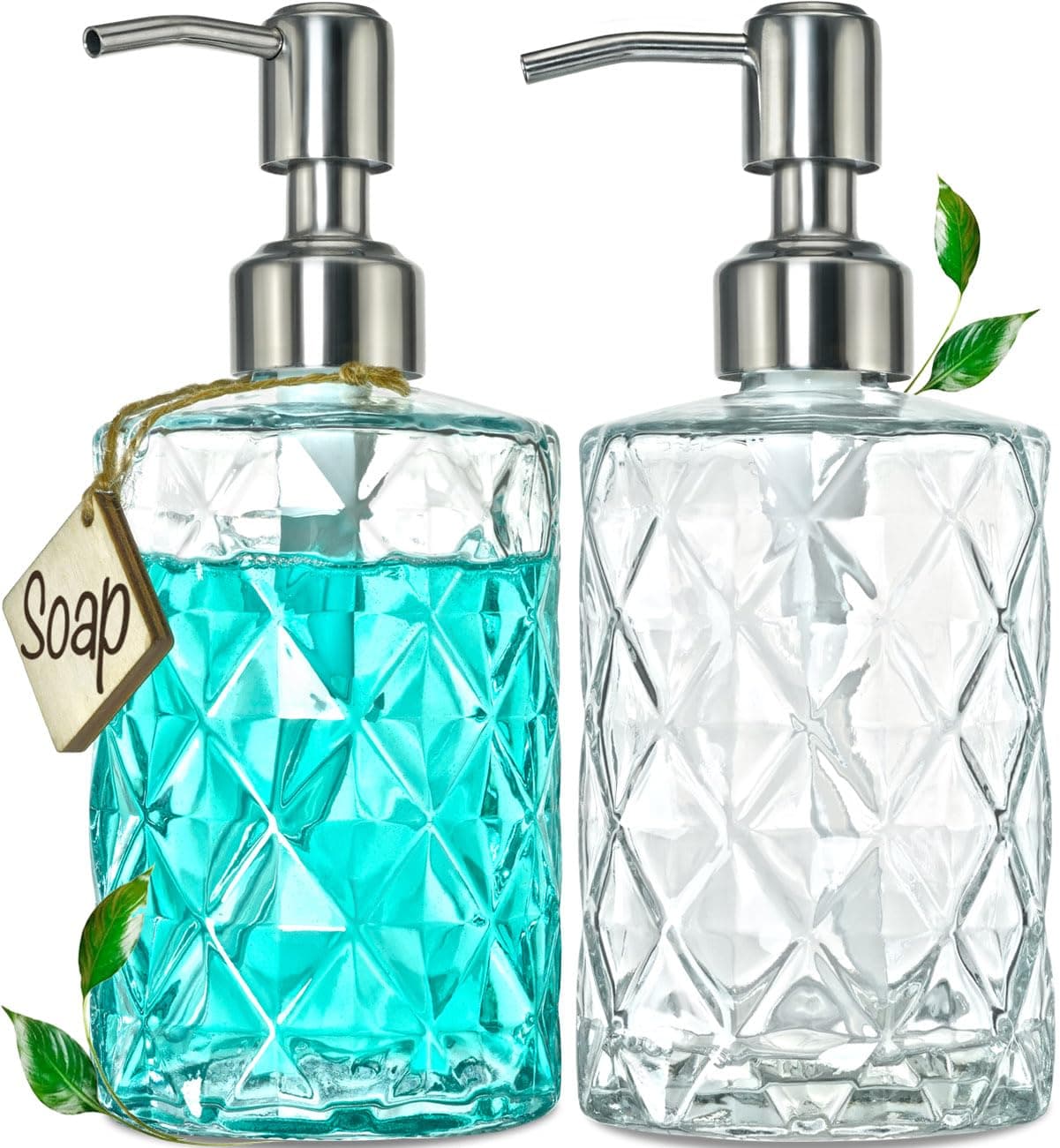 JASAI 2Pack Diamond Embossed Glass Soap Dispenser with 304 Rustproof Stainless Steel Pump, 12 OZ Bathroom soap Dispenser with A Wooden Tag, Elegant Hand Soap Dispenser for Bathroom & Kitchen