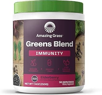 Greens Blend Immunity Elderberry: Super Greens Powder with 1,000mg Vitamin C, Elderberry, Zinc, Prebioitics & Probiotics, 30 Servings