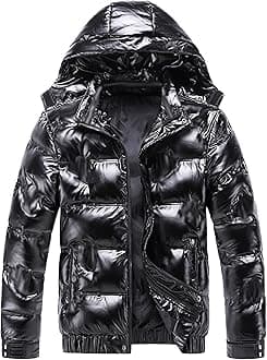 JEsilunmaMY Mens Thermal Shiny Hooded Puffer Jackets Winter Coats Water-Resistant Down Coats Insulated Puffy Padded Coat