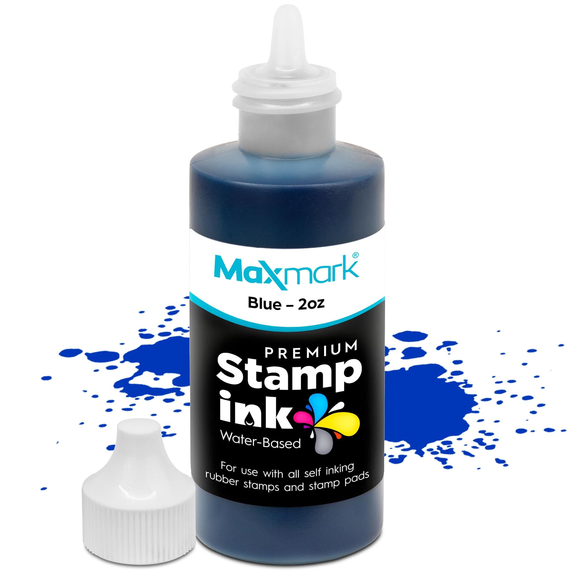 MaxMark Premium Refill Ink with Control Tip Bottle for Self-Inking Stamps, Blue Color - 2 oz.