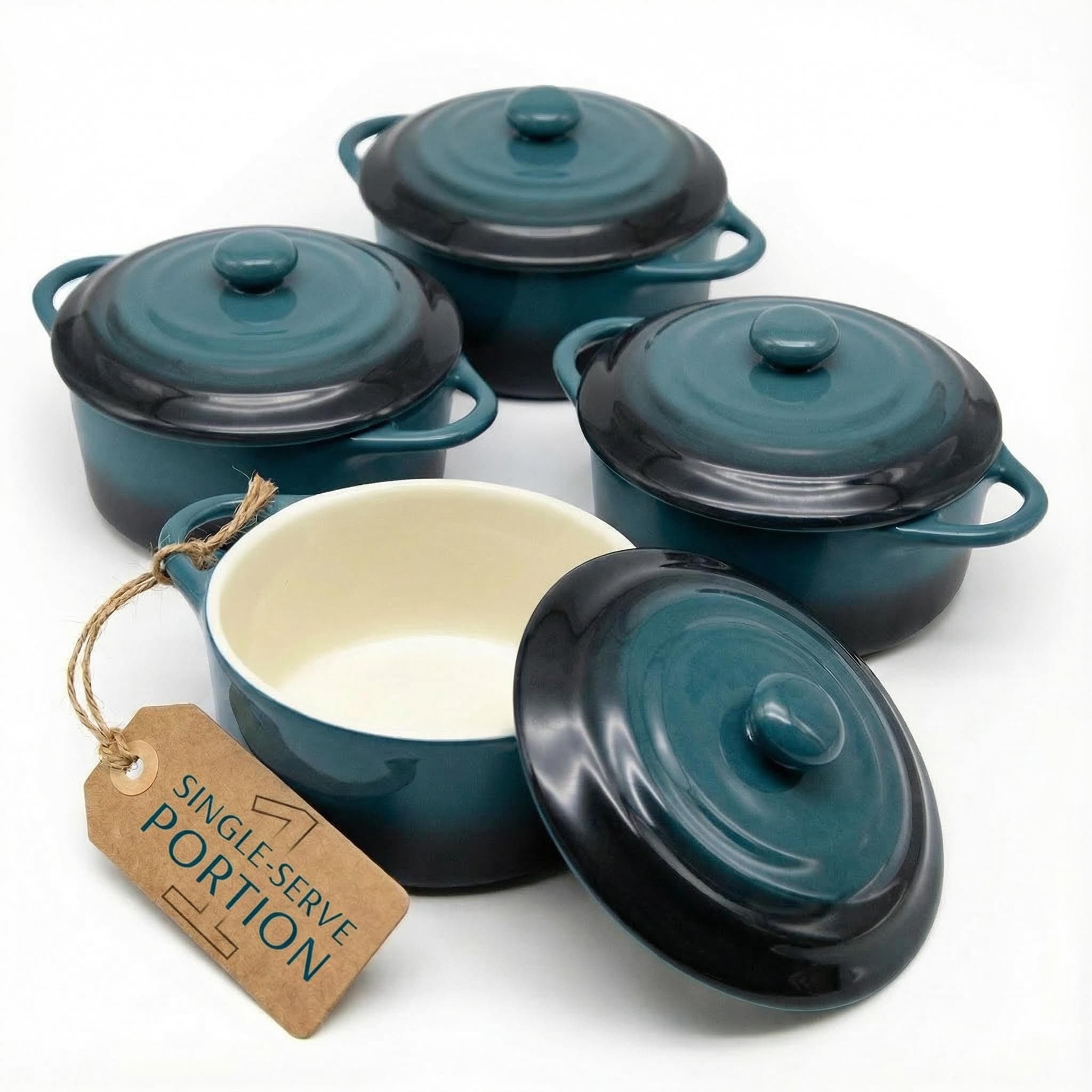 Kook Ceramic Mini Cocotte Set, Small Casserole Dishes with Lids and Handles, Individual Baking Ramekins, Oven safe 350F, Microwave & Dishwasher Safe, Stoneware, 12 oz, Set of 4, (Stone Ombre)