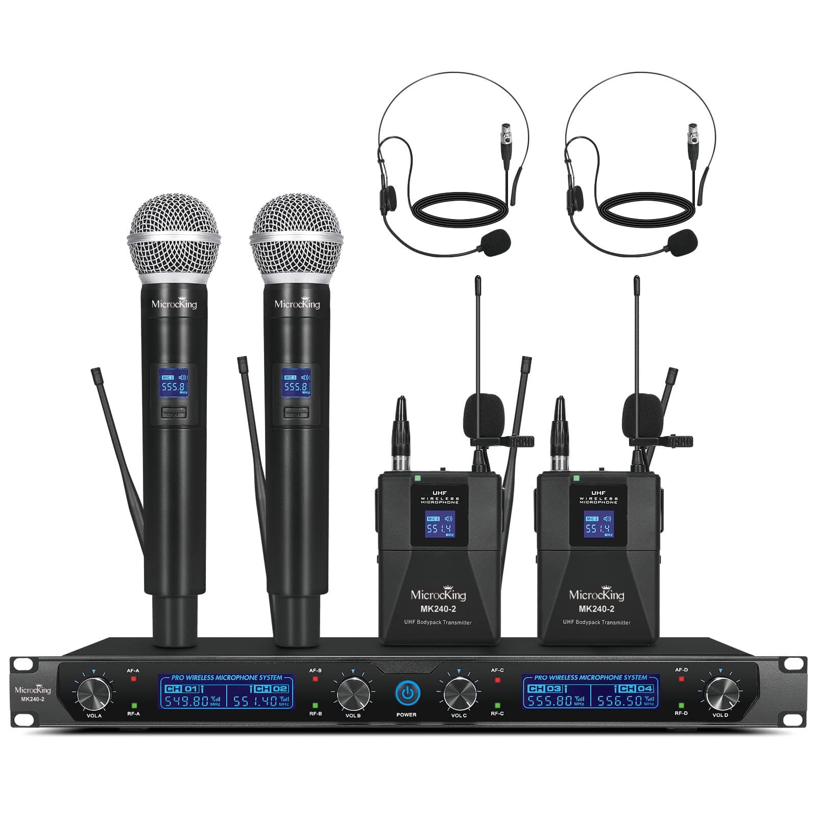MicrocKing Wireless Microphone System, UHF Cordless Mic Set with 2 Handheld Mics/2 Lavalier Bodypacks, Metal Build, Fixed Frequency, Long Range, Ideal for Karaoke/Party/Wedding/Concert