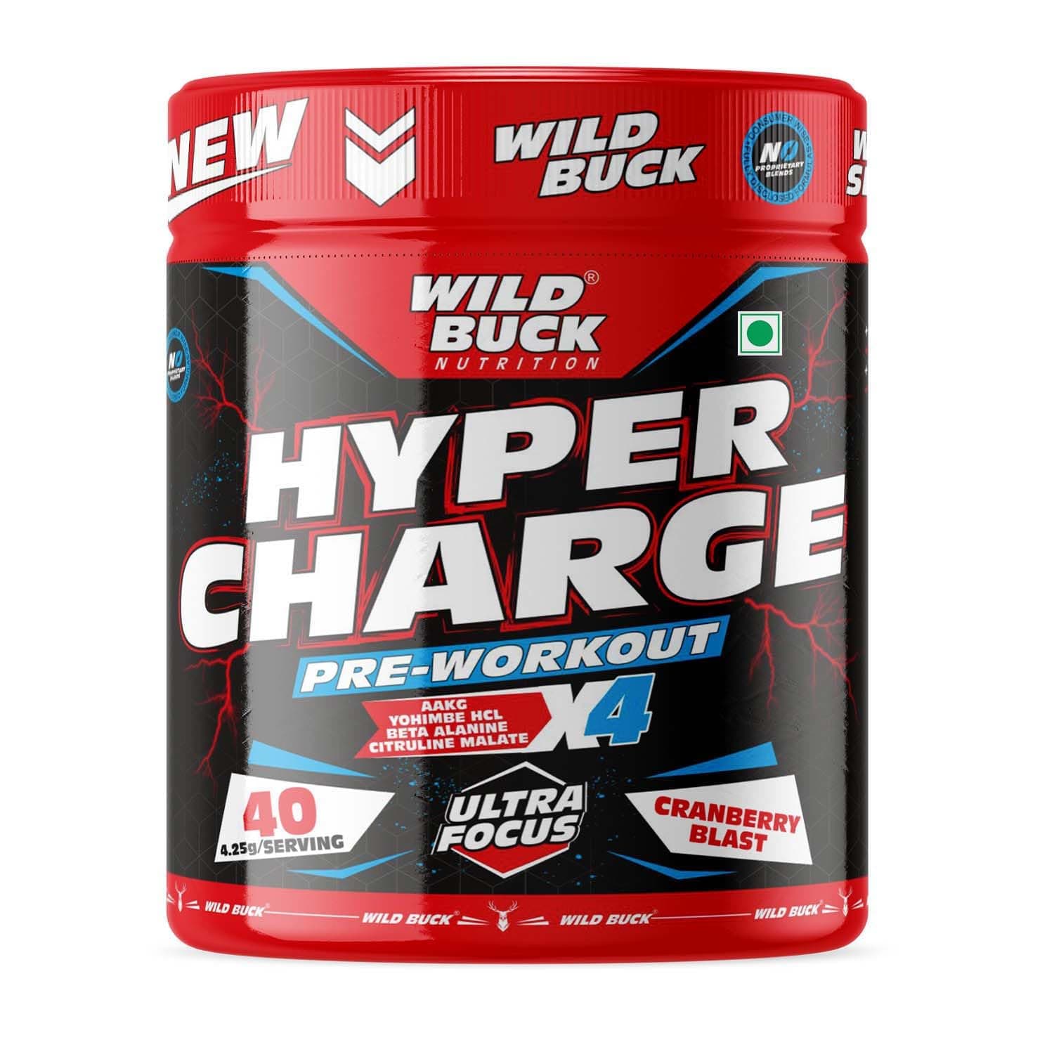 WILD BUCK Hyper Charge Pre-X4 Hardcore Pre-Workout Supplement powder with Creatine Monohydrate,Arginine AAKG,Explosive Muscle Pump,Caffeinated Punch For Unisex[40 Serv,Cranberry Blast], 170 grams